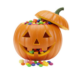 Carved halloween pumpkin filled with colorful candies isolated on transparent background