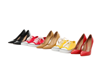 Collection of various shoes on a white background, PNG