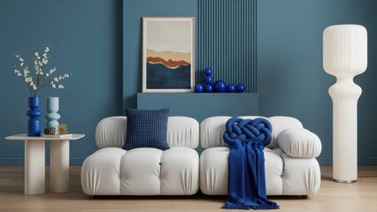 A serene and stylish modern living room with a white modular sofa and vibrant blue accents