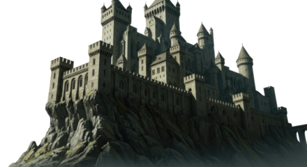 Fantasy castle on a cliff transparent background cutout png
