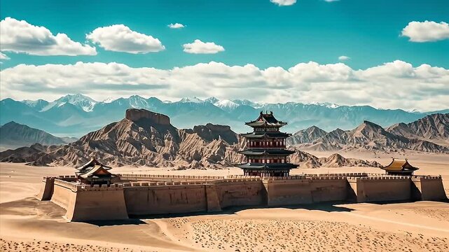 Ancient Chinese fortress tower stands guard over arid desert landscape beneath dramatic blue sky with distant snowcapped mountains