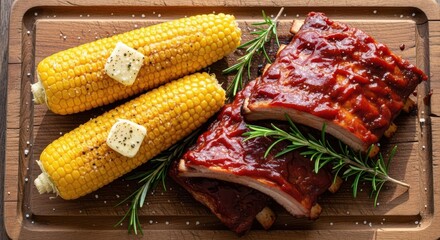 Delicious barbecue ribs and corn on the cob with butter on a wooden board