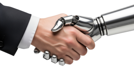Human and robot handshake business partnership technology integration future of work artificial intelligence collaboration transparent background cutout png