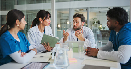 Nurses, doctors and tablet with discussion in clinic for case advice, medical results and planning....