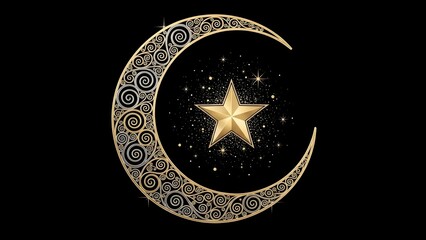 Crescent Moon with Star and Ornate Pattern