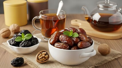 Dates and Tea on a Wooden Table