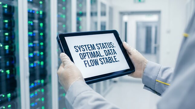 A person wearing clear protective gloves holds a tablet displaying SYSTEM STATUS OPTIMAL DATA FLOW STABLE in a server room with blinking lights Technology Computer Network Digital Information - Powered by Adobe