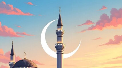 Crescent Moon Over Mosque Minaret at Sunset