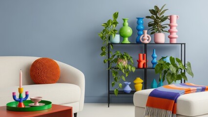 A vibrant and colorful living room interior with modern decor and lush green plants