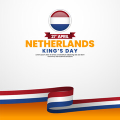 Netherlands kings day greeting card, square banner background with warving ribbon flag