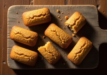Delicious homemade madeleines on a rustic wooden cutting board, perfect for baking and food concepts