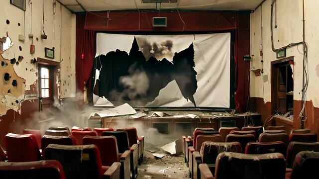 Abandoned theater with torn screen and dramatic lighting.
