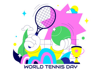 World Tennis Day Vector Illustration on March 2 Featuring Racket and Ball on Court During Sports Match in Flat Style Cartoon Background