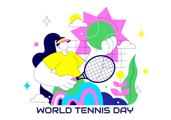 World Tennis Day Vector Illustration on March 2 Featuring Racket and Ball on Court During Sports Match in Flat Style Cartoon Background
