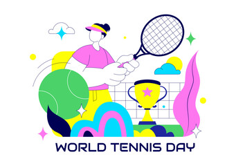 World Tennis Day Vector Illustration on March 2 Featuring Racket and Ball on Court During Sports Match in Flat Style Cartoon Background