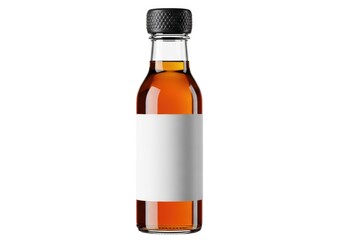 Isolated mini glass bottle with amber liquid and blank label