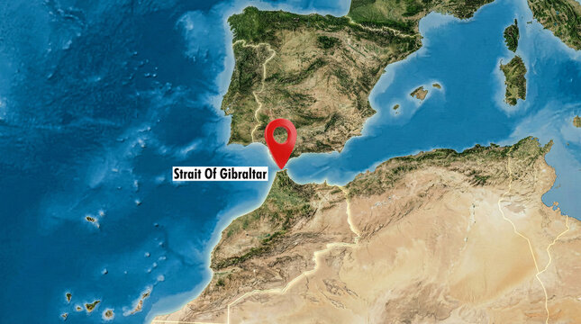 Top Down Satellite Map View Of Strait Of Gibraltar With Red Location Pin JPG