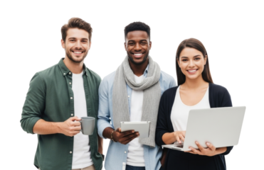 Diverse group of professionals with laptop and tablet transparent background cutout png