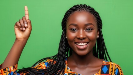 Energized young woman with braided hair smiling confidently while pointing upward with background
