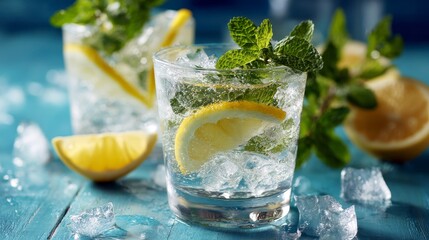 Fototapeta premium Refreshing beverage with lemon wedges, mint sprigs, ice cubes, and a half-cut lemon on a blue wooden surface