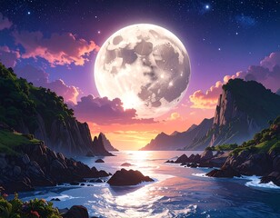 Scenic illustration of a full moon over ocean, mountains, and sunset