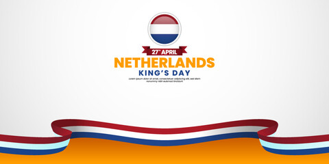 Netherlands kings day banner background design element with waving ribbon flag