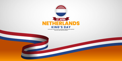 Netherlands kings day banner background design element with waving ribbon flag