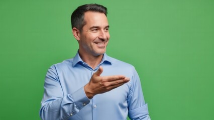 Friendly and Confident Businessman Gesturing with Hand while Smiling against Green Screen Background