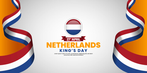 Netherlands kings day banner background design element with waving ribbon flag