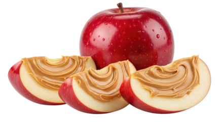 Red apple slices with peanut butter transparent background cutout png