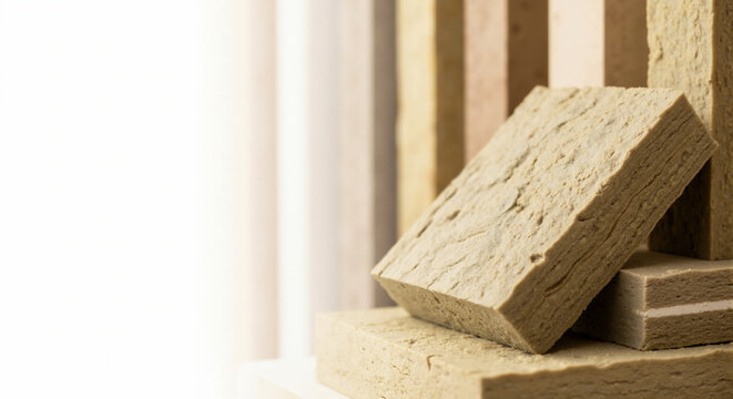 Close-up of mineral wool insulation panels for construction. Rock wool building materials for thermal and acoustic soundproofing with copy space