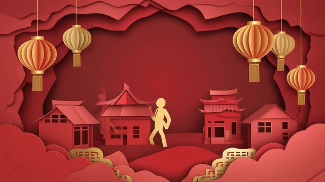 Animated Chinese New Year video in paper-cut cartoon style, flat layered red paper textures, characters move like cutout puppets, golden lanterns swinging gently, traditional houses forming