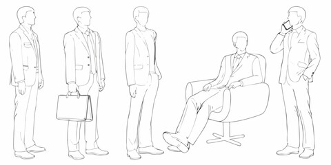 Line art illustration of men in suits some with accessories and poses