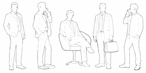 Line art illustration of businessmen in suits posed in various stances