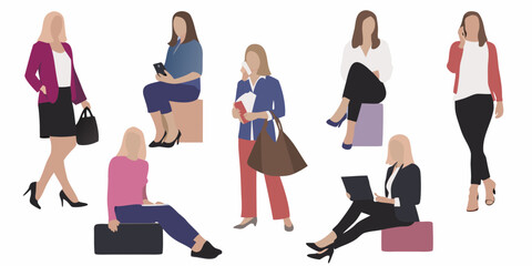 Diverse group of women in casual and professional attire illustrated in a flat style