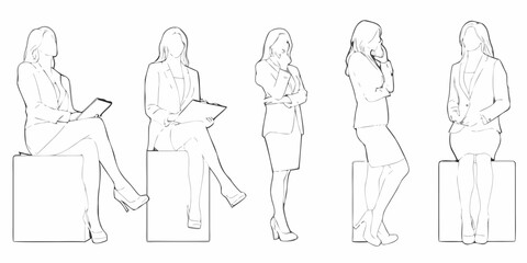Line art illustration of five women in business attire in various poses