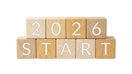 Wooden blocks display the year 2026 and the word start, AI, PNG