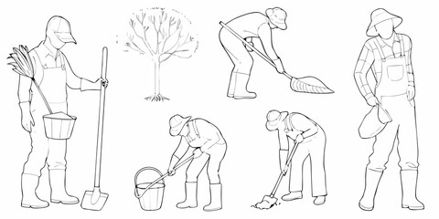 Line art illustration depicting gardeners working with tools in a landscape
