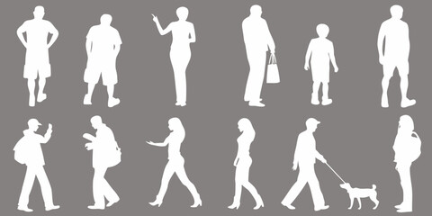 Collection of diverse white silhouettes depicting people in various poses and activities