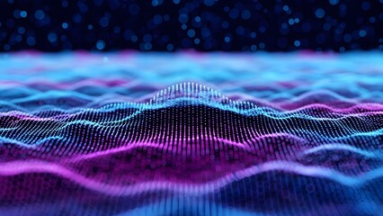 Abstract digital sound wave visualization with glowing neon particles creating a futuristic technology background