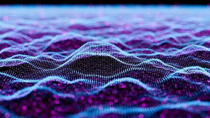Abstract digital wave surface composed of glowing magenta and cyan particles creating a futuristic data flow background