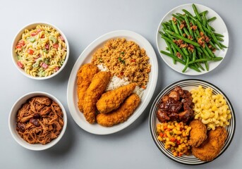 A variety of delicious food on plates and bowls including fried chicken, mac and cheese, green beans, and pulled pork on a plain gray surface