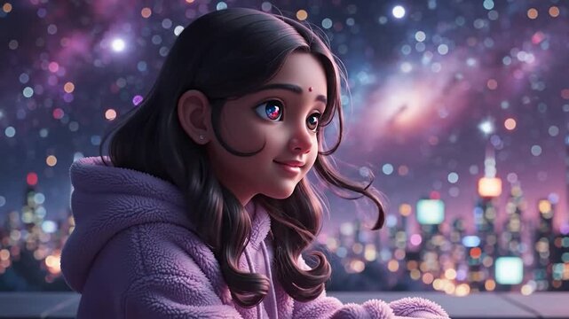 A serene girl with a bindi watching a cosmic cityscape on a starry night