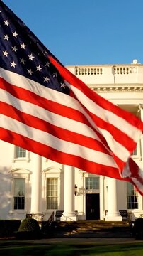 American flag waves proudly before a sunlit white neoclassical building's portico