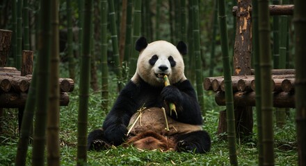 Giant panda sitting in lush green forest eating bamboo. Adorable black and white bear in its natural habitat in China. Wildlife conservation of endangered species