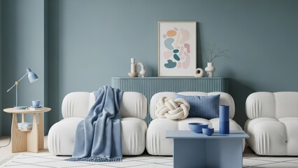 A tranquil and modern living room featuring dusty blue walls and comfortable boucl&eacute; sofas