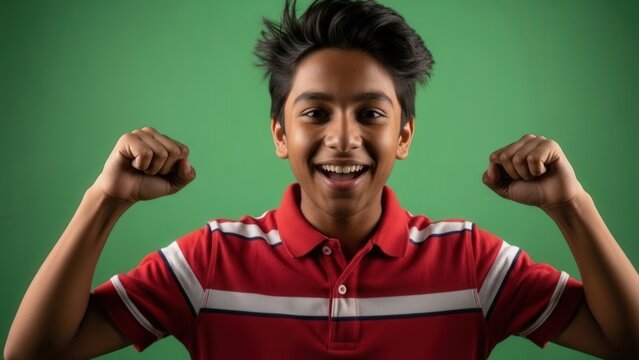 joyful young boy expressing strength and confidence with a bright smile and energetic pose on a