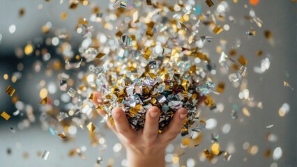Hands full of sparkling gold and silver confetti being tossed in air. Festive party and celebration concept. Background with bokeh