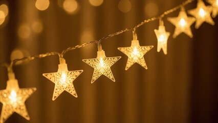 Close-up of festive star-shaped string lights. Golden glowing Christmas garland on blurred background with bokeh
