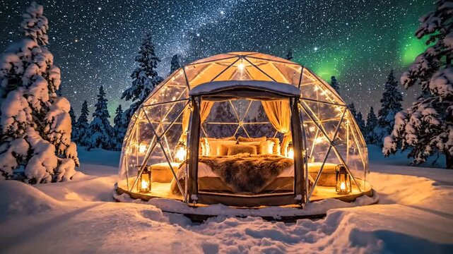 Cozy igloo-style accommodation under snowy night sky